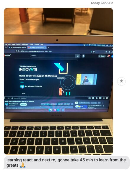 A text message from an attendee using the talk to learn React